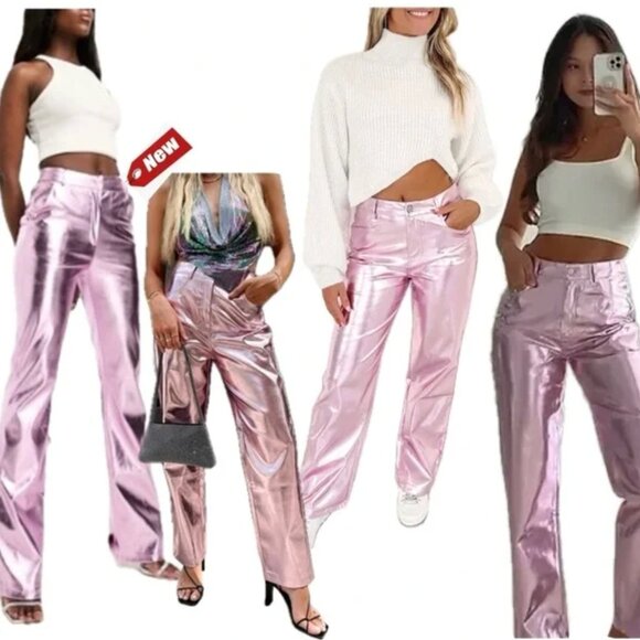 NWT 7 FOR ALL MANKIND Metallic Faux Leather Pink Foil Pants Women’s M S - Picture 7 of 7